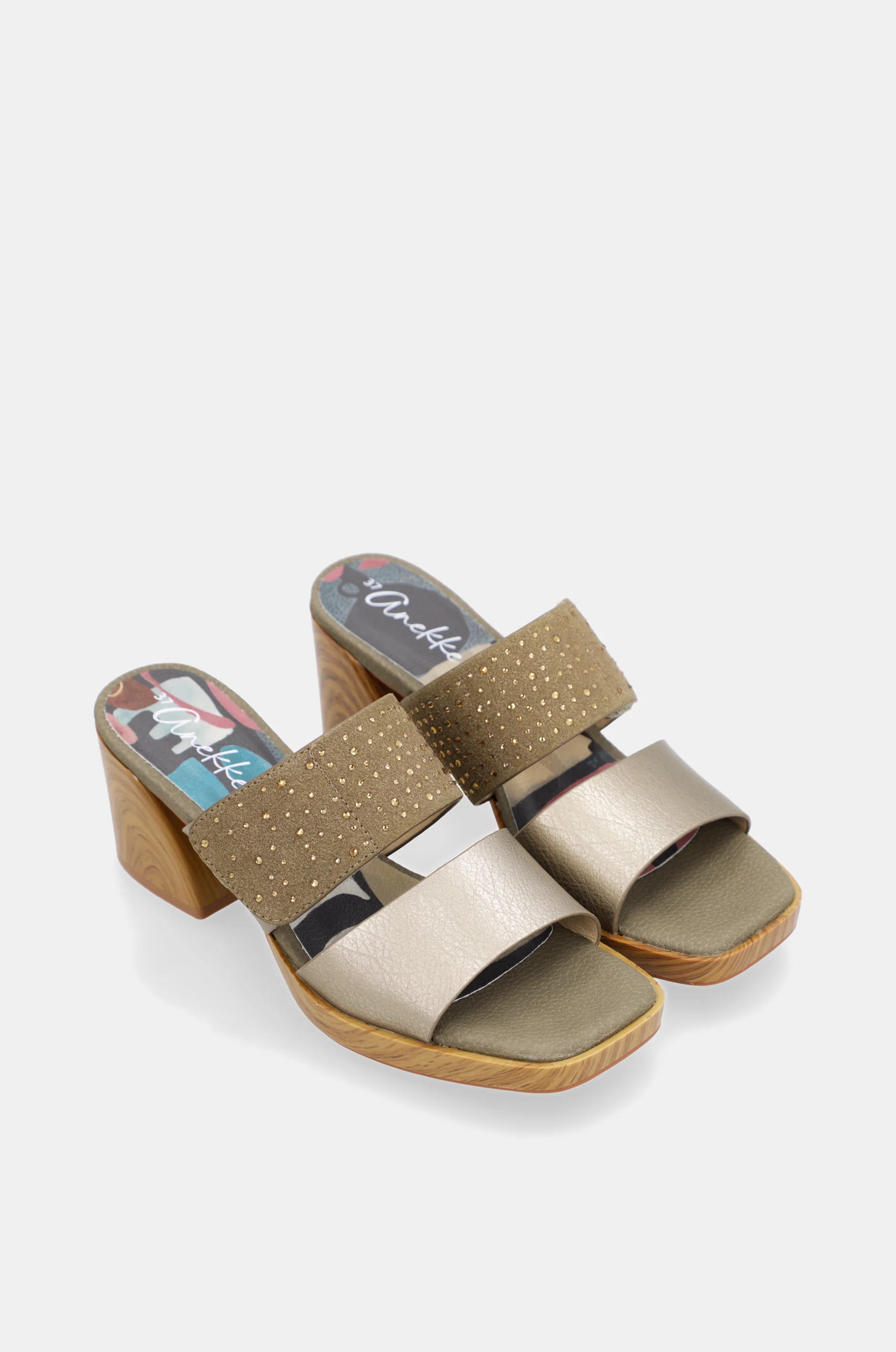 Sandales à talon vertes et dorées avec strass - Image 3